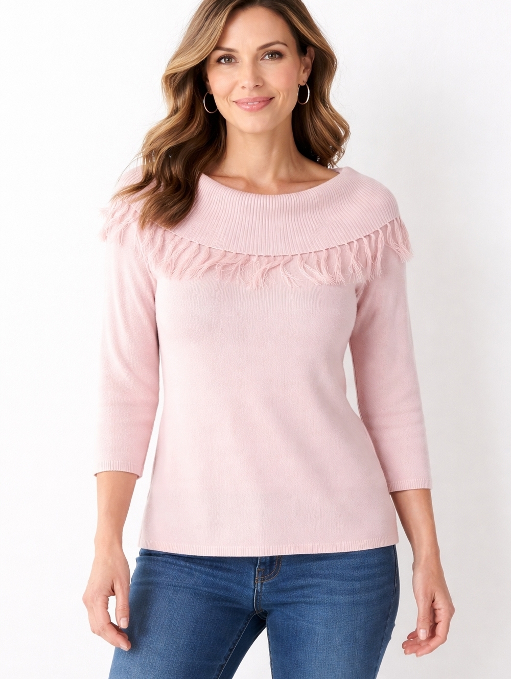 Dressbarn Petal Pink Fringe Sweater XL Petite | Fringe Boho Chic 3/4 Sleeve